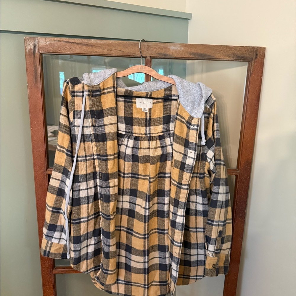 American Eagle Men’s Yellow and Gray Hooded Plaid Flannel Jacket Size Small